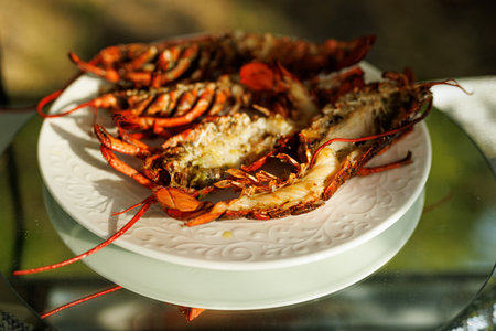 Freshly grilled lobster halves served on a white plate under warm natural light.の写真素材