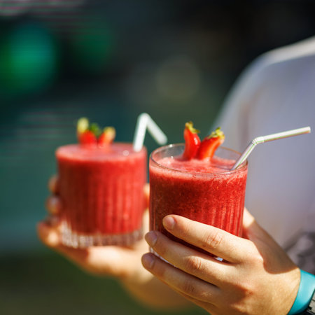 Two fresh strawberry smoothies held outdoors in bright sunlight.の写真素材