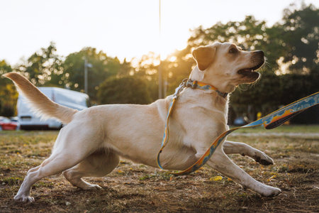 A light-colored dog pulls forward energetically while on a leash, captured outdoors with warm sunset light in the background.の写真素材