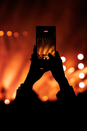 A vertical shot of a smartphone being held up by two hands to record a performance. Bright orange...