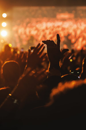 An audience member raises their hand in excitement during a live music performance. Warm golden...