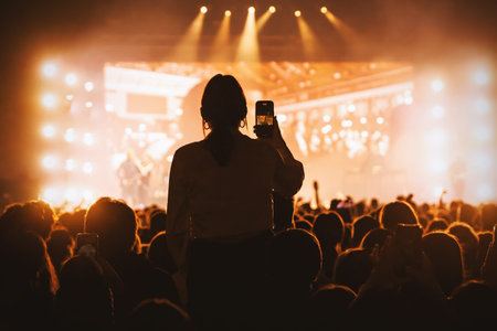 A person is lifted above a large crowd to record a live musical performance on their smartphone. The...