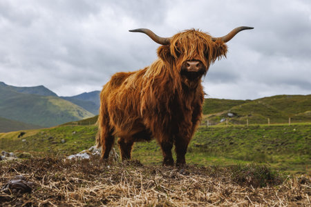 A front view of a majestic Highland cow with a thick reddish coat and large horns in the rugged...