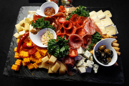 A black slate platter filled with rolls of salami, chunks of cheddar, brie slices, and small bowls of dips.の写真素材