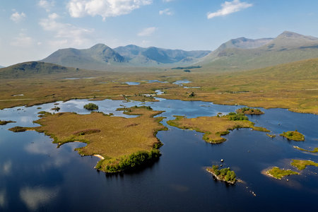 A wide drone shot showing a sprawling blue loch with small grassy islands and mountains.
