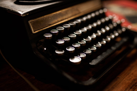 A macro view focusing on the round mechanical keys of an antique black manual typewriter on a wooden...