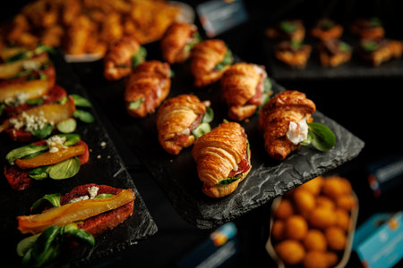 A high-angle view of various finger foods including savory filled croissants and beet-based starters arranged on slate displays.の写真素材