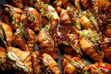 Rows of small buttery croissants filled with fresh greens, cucumber, and radish slices are ready for serving.の写真素材