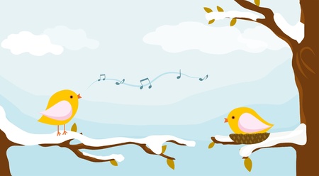 yellow birds with winter seanson backgroundのイラスト素材