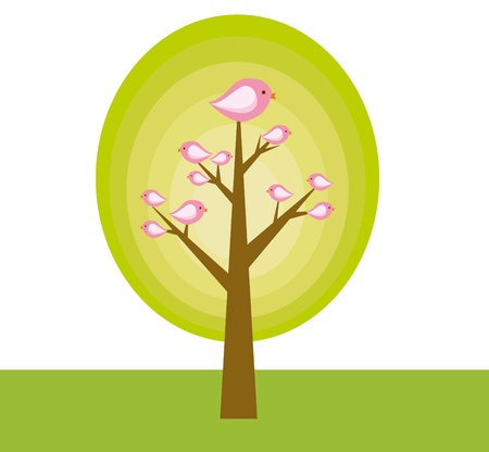 pink birds in tree on white backgroundのイラスト素材