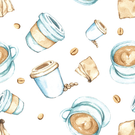 Seamless background coffee collection, Watercolor paint high resolutionの写真素材