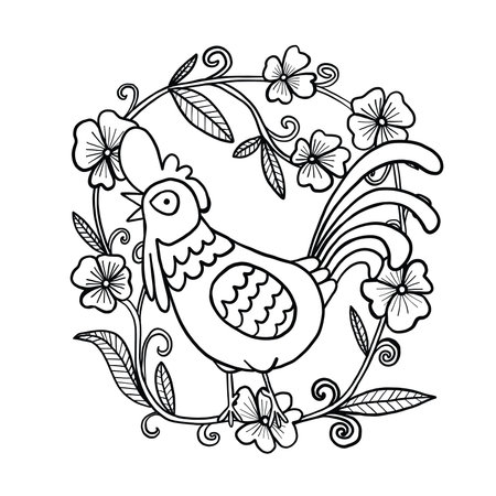 Rooster drawing with flower frame, isolated illustrationのイラスト素材
