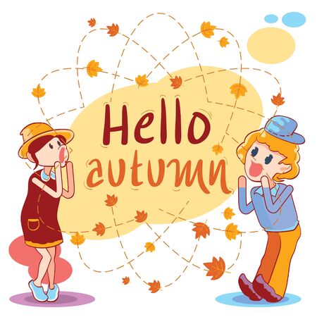 Hello autumn banner with boy and girlのイラスト素材