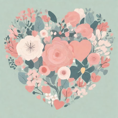 Romantic card with flowers and leaves in pastel colors.  AI generatedの素材