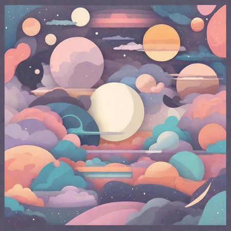 Night sky with clouds and moon.  AI generated illustration in flat style.の素材