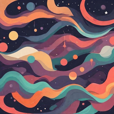 Abstract background with multicolored waves and circles.  AI generated illustration.の素材