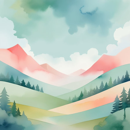 Landscape with mountains and coniferous forest. AI generated illustration.の素材