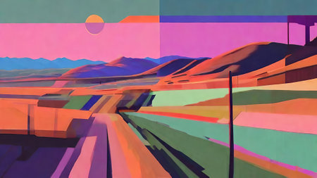 California lands painting, dusk light, constructivist glitch art. Modern abstract painting, contemporary art. Beautiful landscape with mountains and sun. AI generatedの素材