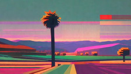 California lands painting, dusk light, constructivist glitch art. Illustration of a desert landscape with palm trees, mountains and road. AI generatedの素材