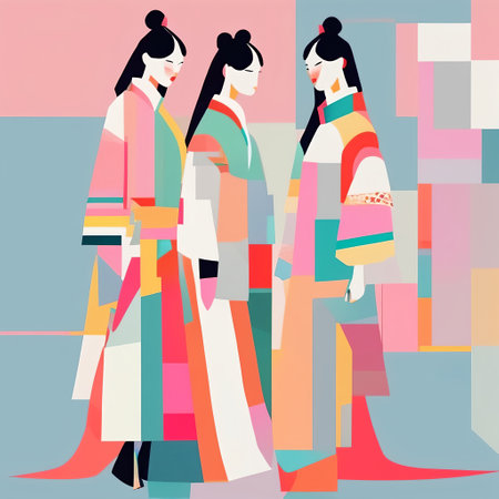 2d flat fashion abstract, Korean models in tradition costume, pastel, constructivist glitch art. AI generatedの素材