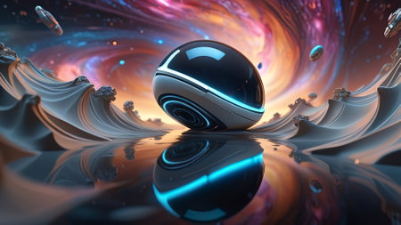 Robot in abstract space. 3D illustration  rendering. Virtual reality concept. AI generatedの素材