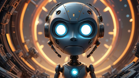 3d rendering humanoid robot with big blue eyes on dark background. Futuristic space with glowing lights. AI generatedの素材