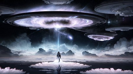 Astronaut and flying saucer. Mixed media.  Abstract background , AI generated.の素材