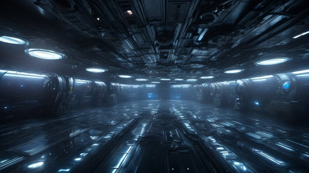 Futuristic spaceship interior with glowing lights and reflections 3d rendering.  Abstract background , AI generated.の素材