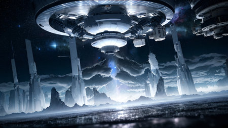 UFO in space. Mixed media.  Abstract background , AI generated.の素材