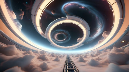 Futuristic spaceship interior with view on the planet. 3d rendering.  AI generated.の素材