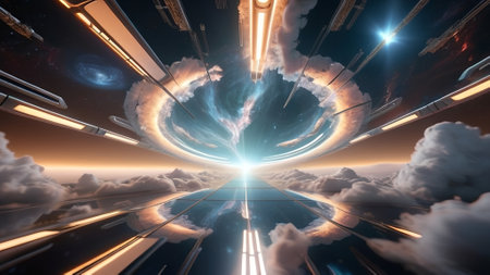 Fantasy alien planet. Flying in a space tunnel. 3D rendering AI generated.の素材