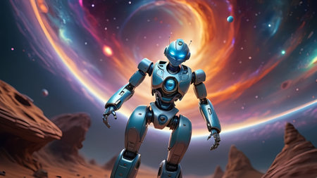 Robot on space background. 3D rendering. Robot in space. AI generated.の素材
