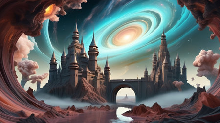 Fantasy landscape with fantasy castles and river. 3D illustration. AI generated.の素材