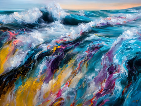 Abstract background of stormy sea with splashes of blue and yellow paint.  AI generated.の素材