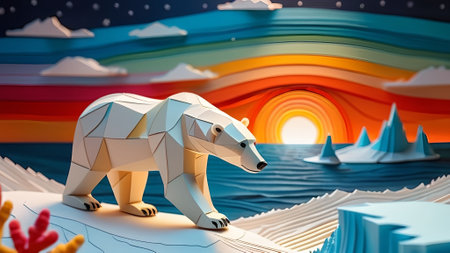 3d illustration of a polar bear on a colorful background with waves, AI generated.の素材