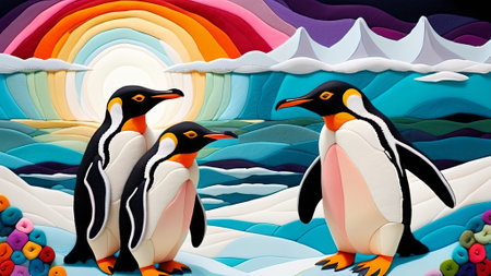 Penguins on the background of the rainbow. 3d illustration, AI generated.の素材