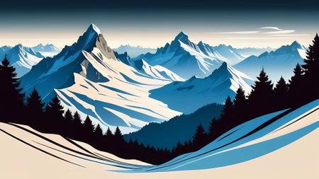 illustration of a winter landscape with snow-capped mountains. AI generatedの素材