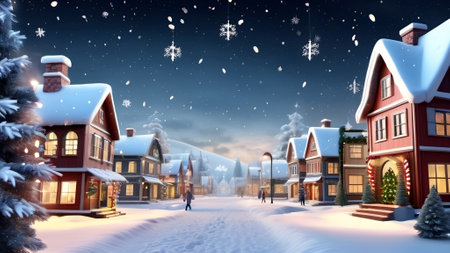 Winter village at night with houses and snowflakes 3D rendering.  AI generated.の素材