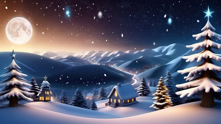 Winter mountain landscape with fir trees and house at night.  AI generated.の素材