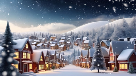 Winter village with snowfall. 3D rendering. Christmas holiday concept.  AI generated.の素材