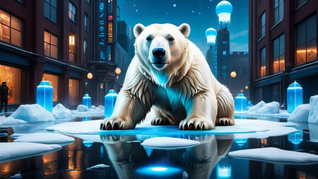 Polar bear in the city at night. 3D rendering. AI generated.の素材