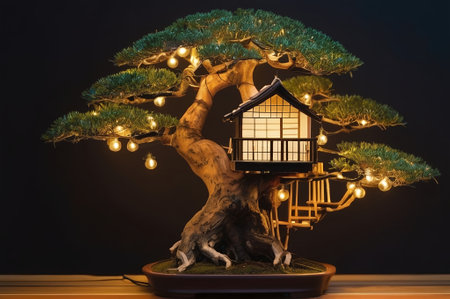 Beautiful bonsai tree, the shape of a house on wooden.  string lights at night.  AI generated.の素材