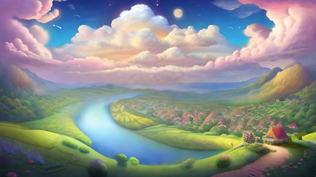 Landscape with a river and a village. Digital painting.  AI generated.の素材