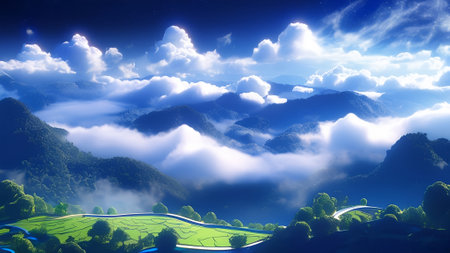 Fantasy landscape with blue sky and clouds. 3D illustration.  AI generated.の素材
