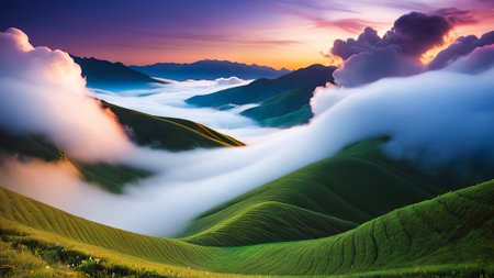 Beautiful sunrise in the mountains. Landscape with green hills and clouds.  AI generated.の素材