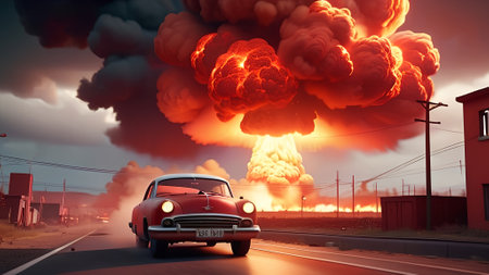 Red car on the road with a big explosion. AI generated.の素材