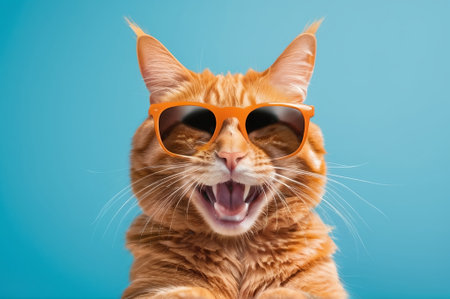 Funny ginger cat with orange sunglasses and tongue out on blue background.  AI generatedの素材