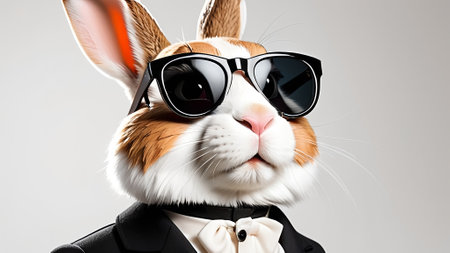 Funny rabbit with sunglasses. Isolated on white background. 3d rendering. AI generatedの素材