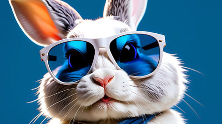 Funny rabbit with sunglasses on blue background. 3d illustration. AI generatedの素材