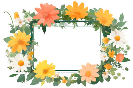 Frame with chamomiles and daisies. 2d flat flower, isolated white background, AI generatedの素材
